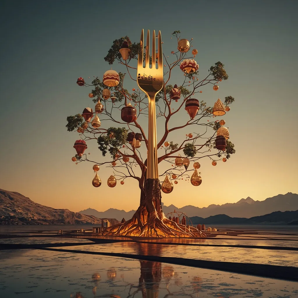 Luxury Culinary Universe Growing From Single Floating Golden Fork Design – AI prompt example