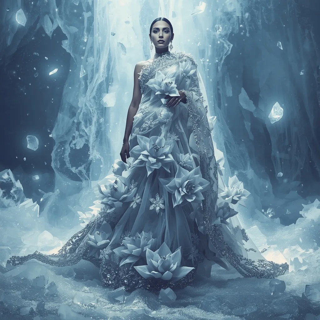 Luxury Diamond Frost Saree: Heavy 3D Liquid Crystal and Crystalline Floral Embellishments – AI prompt example
