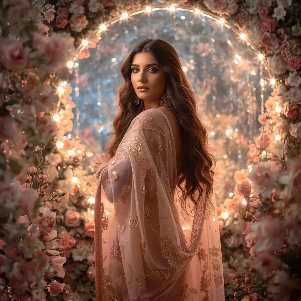 Luxury Pastel Saree Girl Luxury Celestial Moon Garden Pose | Viral Fantasy Fashion Prompt – AI prompt example