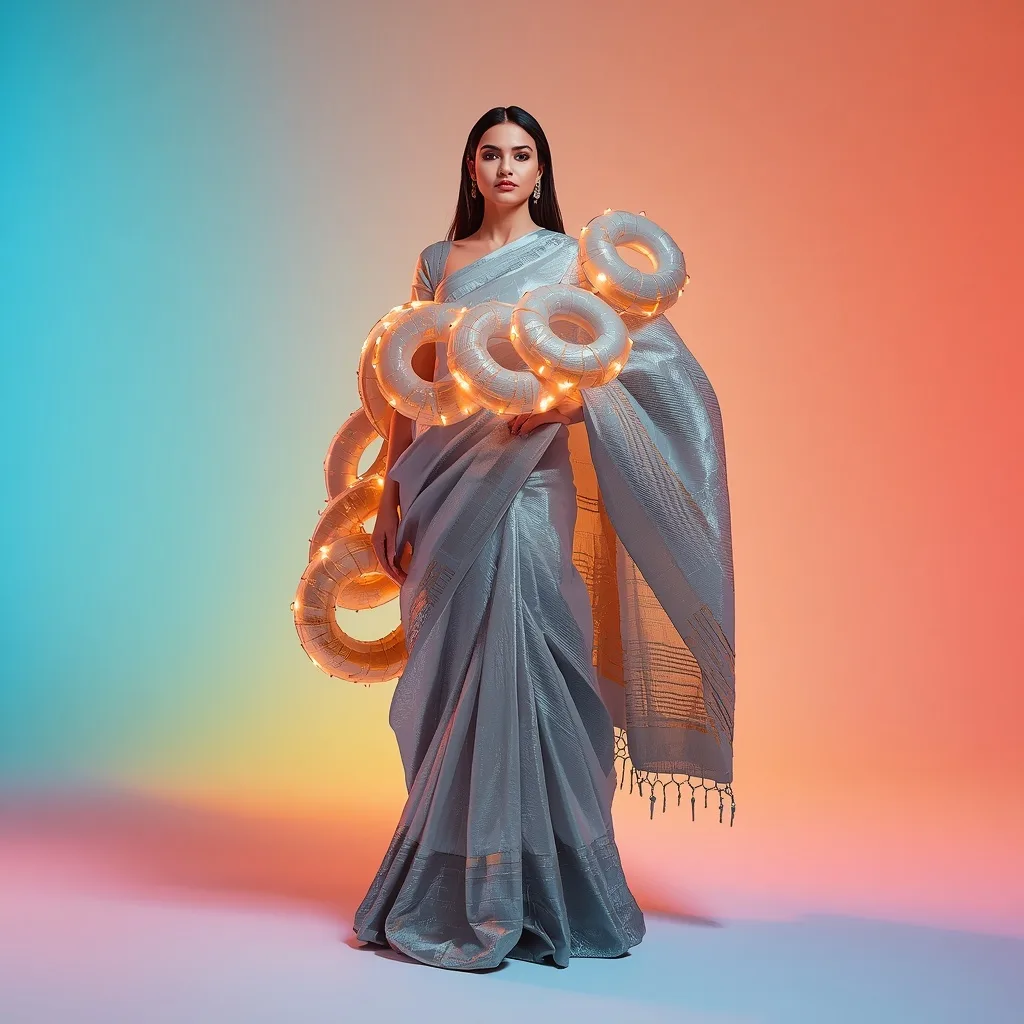 Majestic Lava Saree: Hyper-Reflective Silver Silk with 3D Levitating Solidified Sunbeam Spirals – AI prompt example