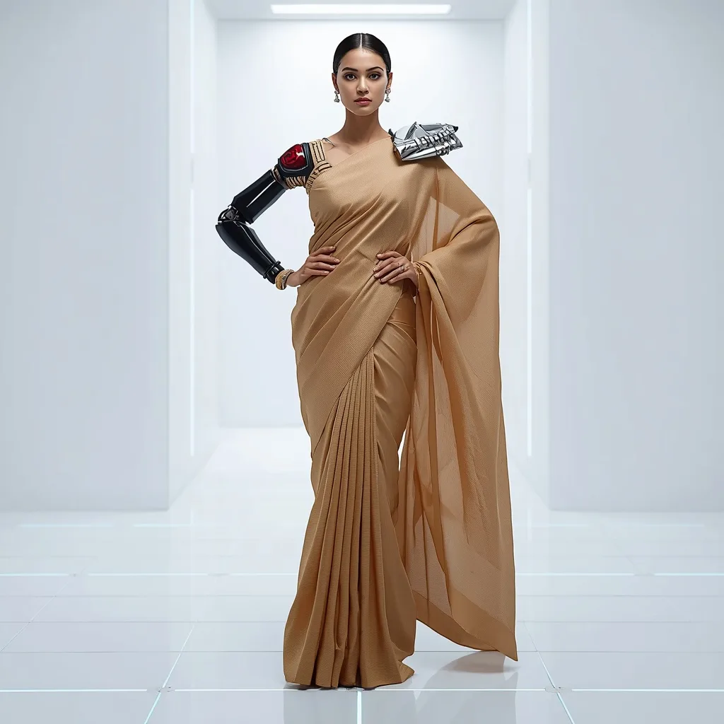Memory Alloy Saree: Articulated Robot Arm Detailing – AI prompt example