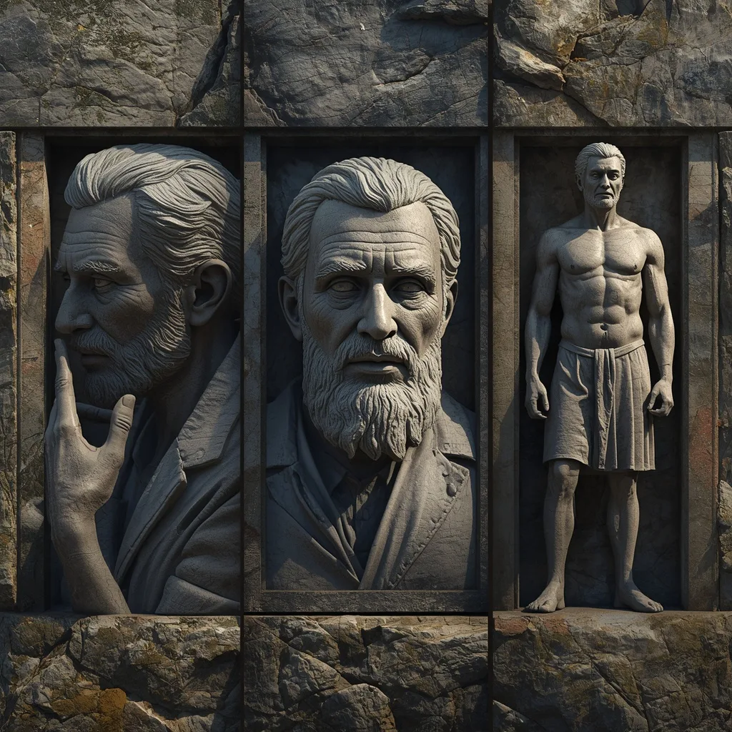 Men's Timeless Collage with Weathered Stone Carvings – AI prompt example