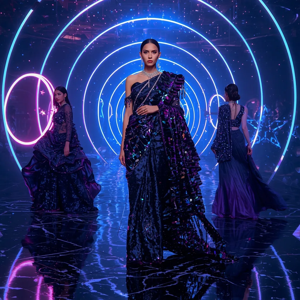 Midnight Sapphire Galaxy Saree with Neon Orbit Infinity Atrium – AI prompt example