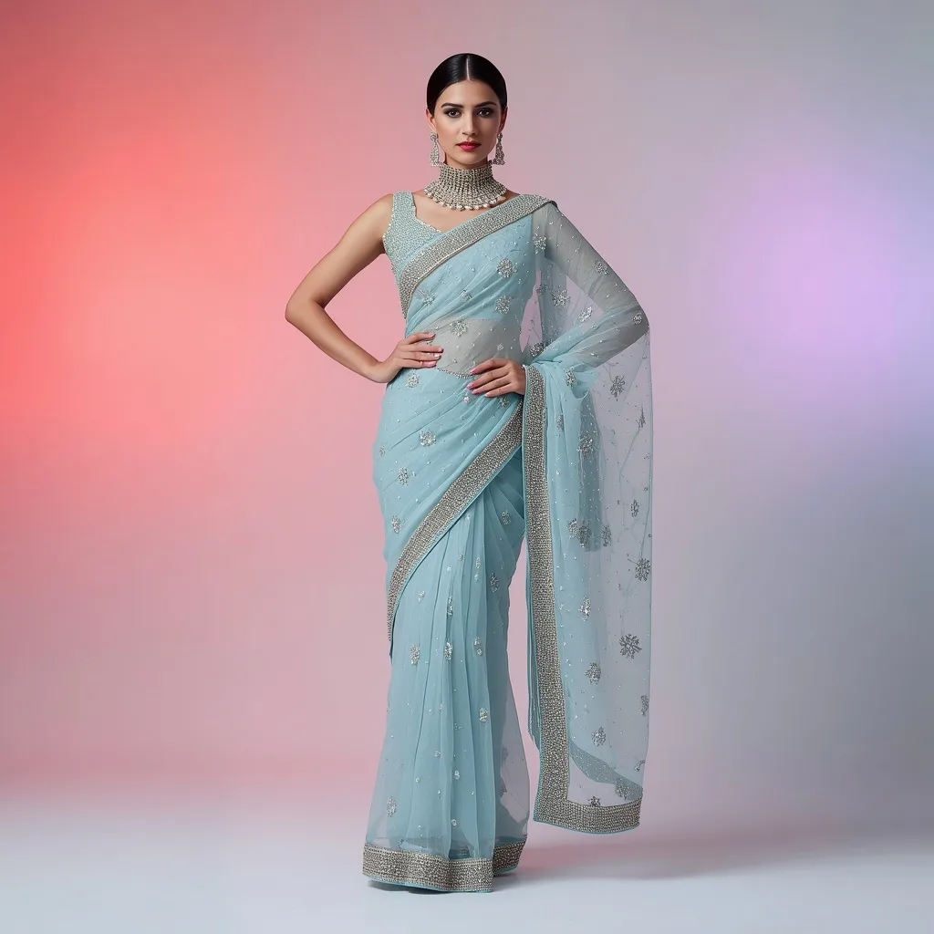 Modern Saree Look and Poses with Random Color Studio Background – AI prompt example