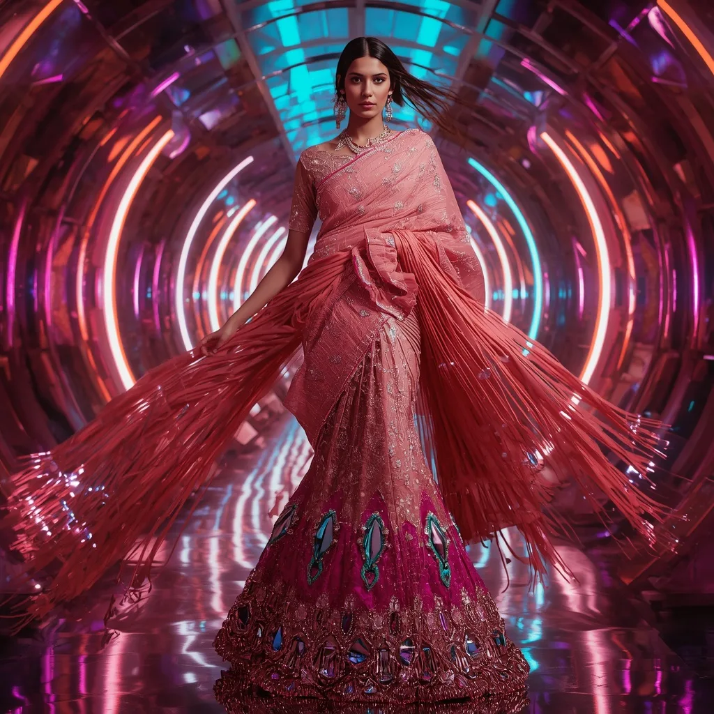 Molten Rose Galaxy Saree with Floating Prism Rings – AI prompt example