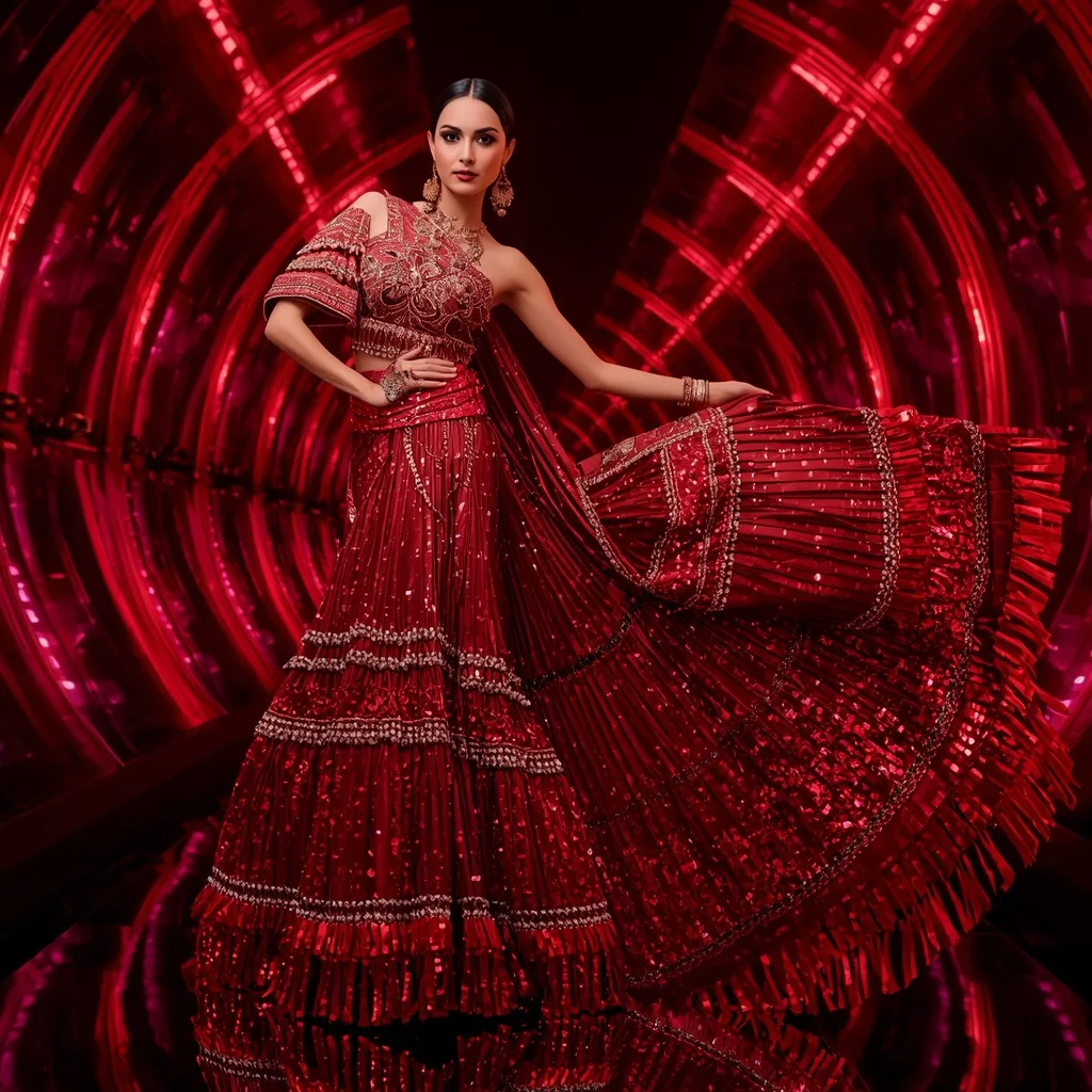 Molten Ruby Prism Saree with Infinity Spiral Light Chamber – copy these 10 ai prompts for women street fashion neon city with neon city lights & bold looks – AI generated example