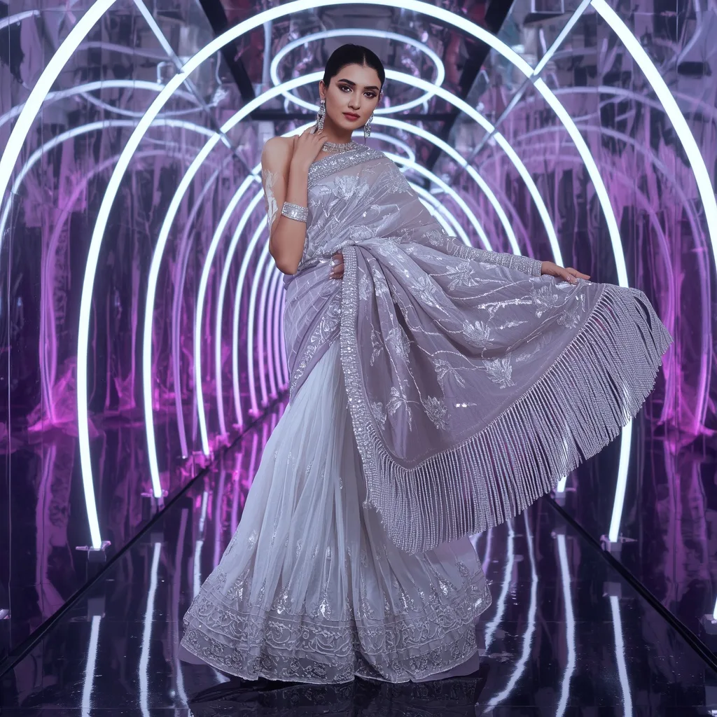 Moonstone Crystal Dynasty Saree with Halo Prism Tunnel – AI prompt example