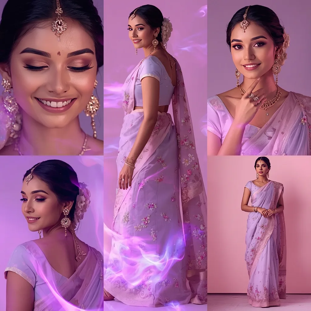 Mystic Lilac Flame Pastel Saree Indian Woman Premium Collage – AI prompt example
