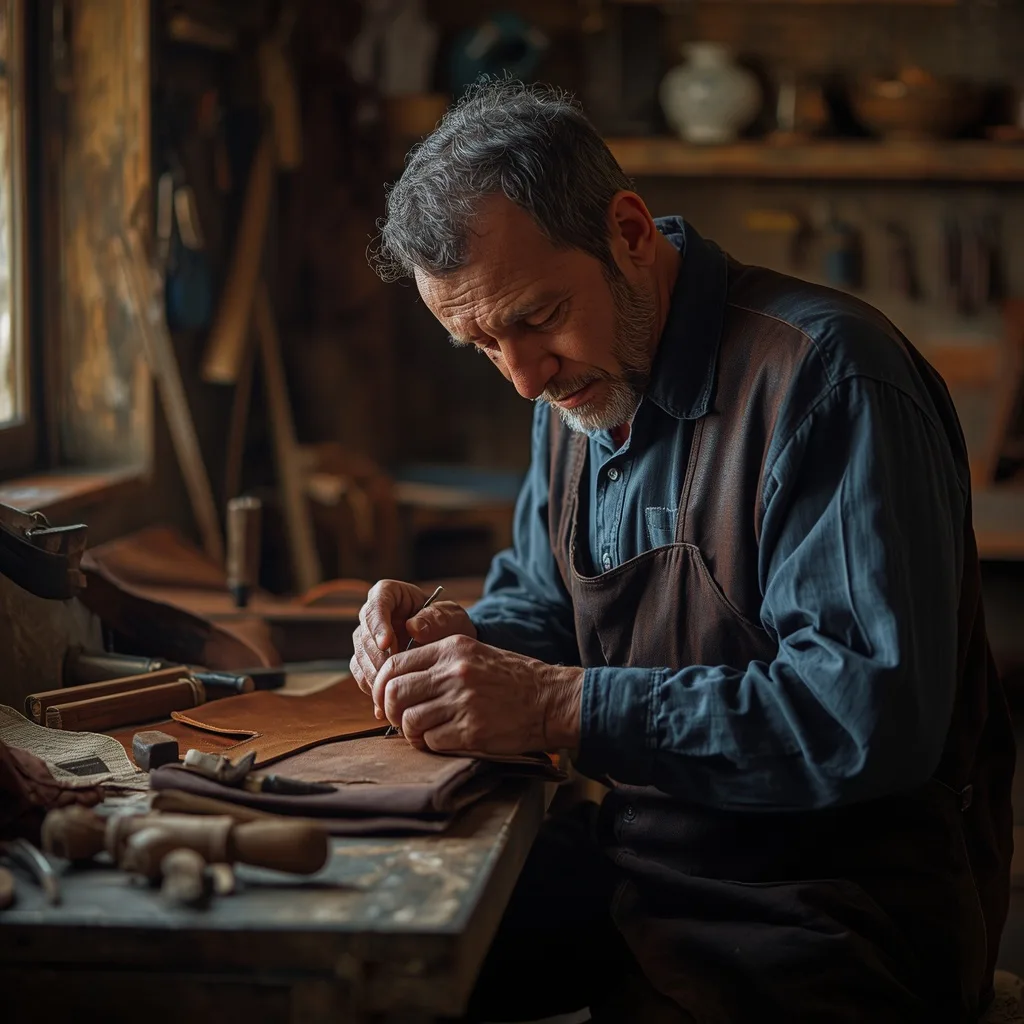 Old World Craftsman: A Man in a Leather Workshop – AI prompt example