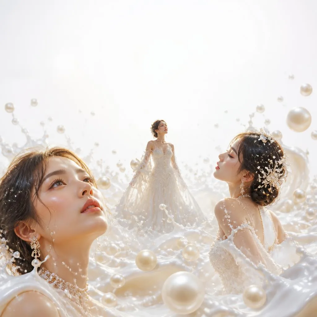 Pearl Cascade: A Woman's Graceful Ascent in Milky Waters – AI prompt example