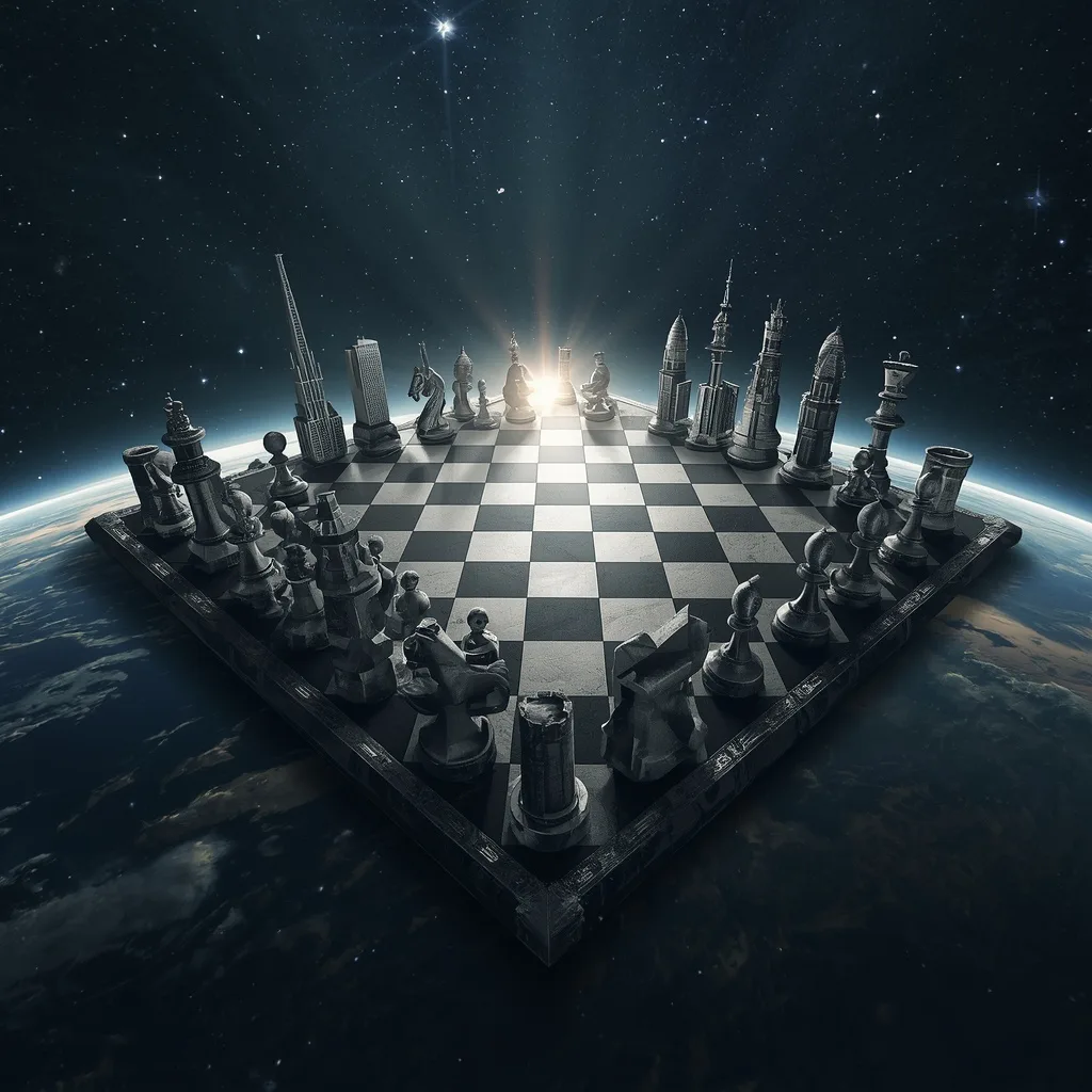 Planet-Sized Cosmic Chessboard Where Pieces are Impossibly Massive Architectural Skyscrapers – AI prompt example