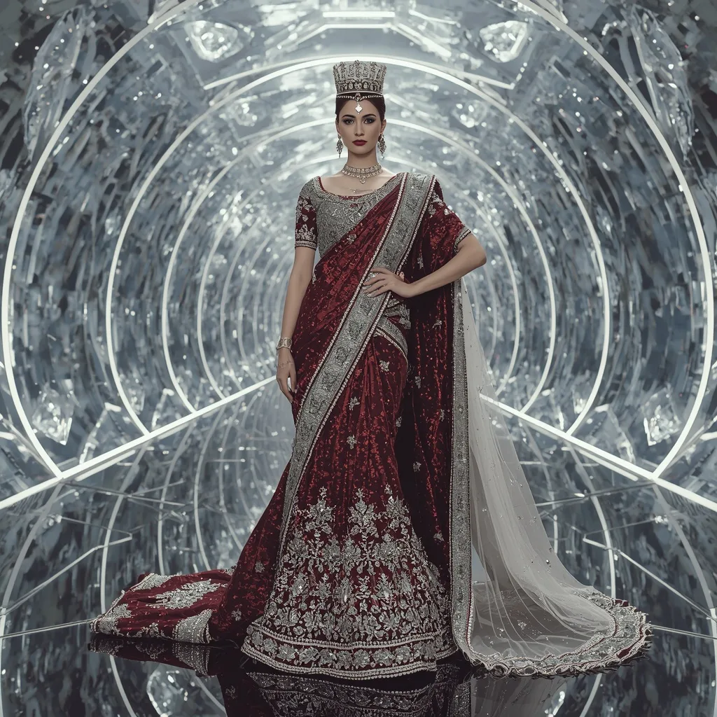 Platinum Garnet Imperial Saree with Infinity Diamond Crown Hall – AI prompt example
