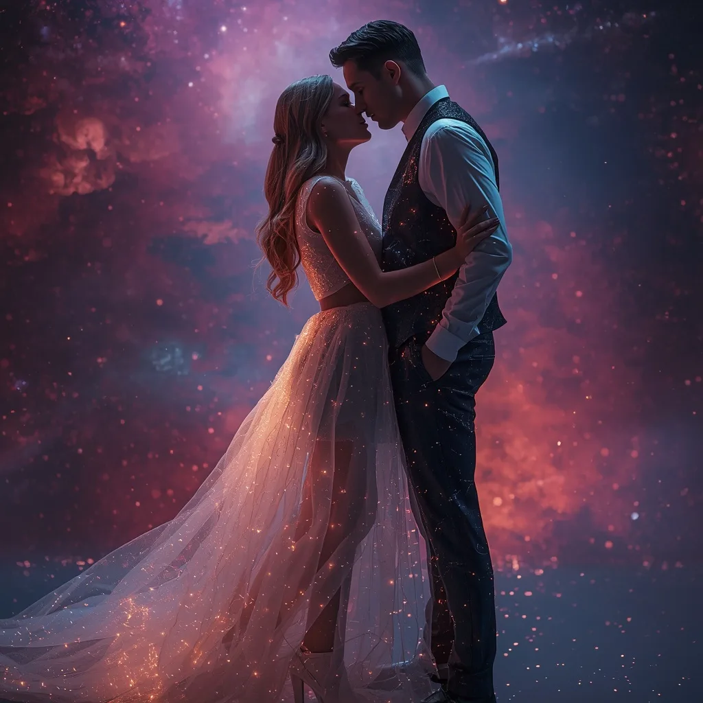 Romantic Cosmic Lovers: Interstellar Mesh and Stardust Glow – AI prompt example