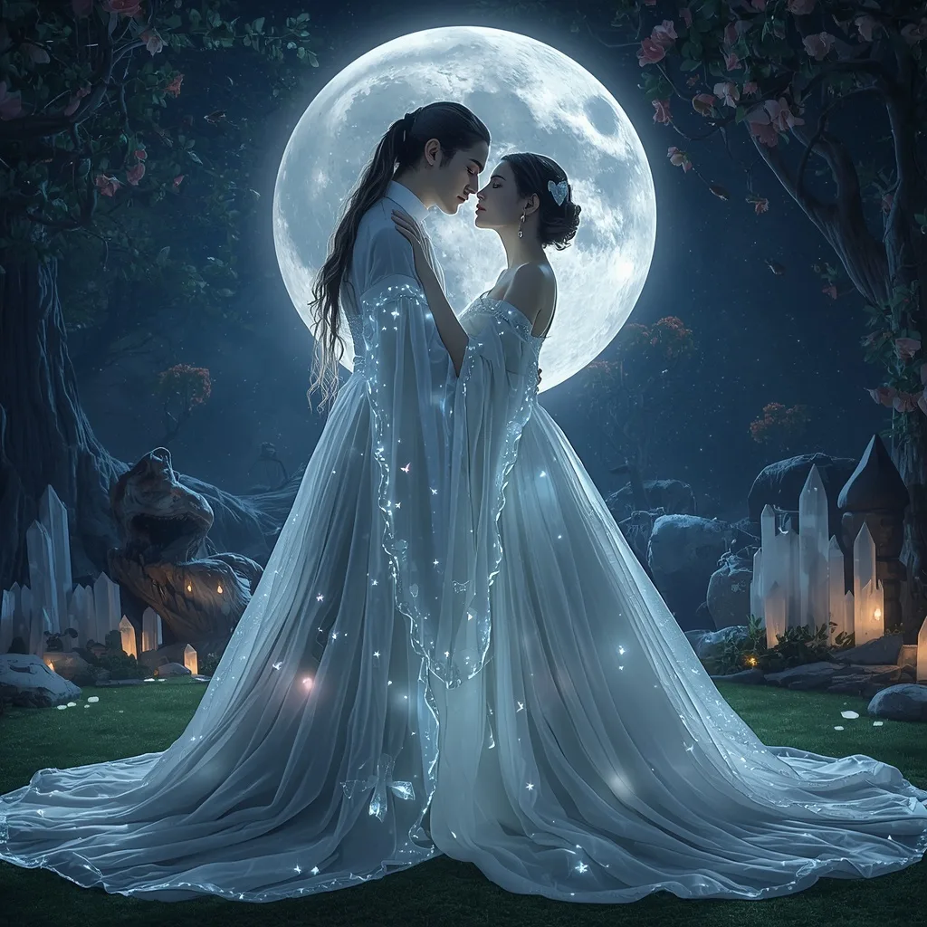 Romantic Couple as Lunar Lovers in Moon-Glow Attire, Enchanted Night Garden – AI prompt example