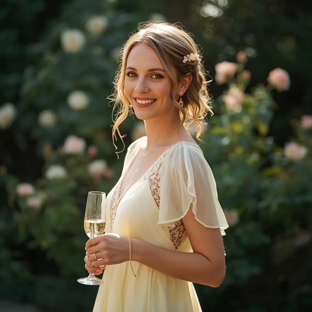 Romantic Garden Wedding Guest in a Chiffon Maxi – AI prompt example
