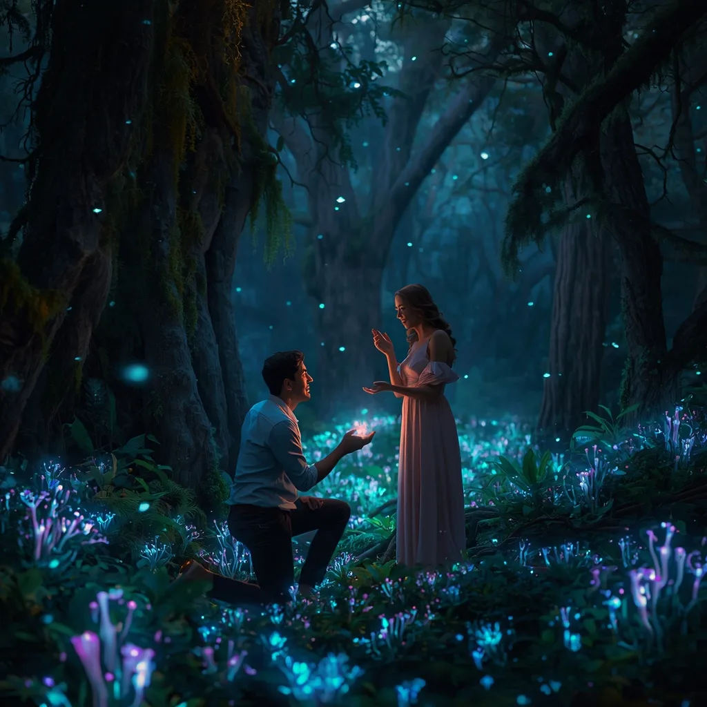 Romantic Proposal: Couple Under a Canopy of Bioluminescent Forest Lights – AI prompt example