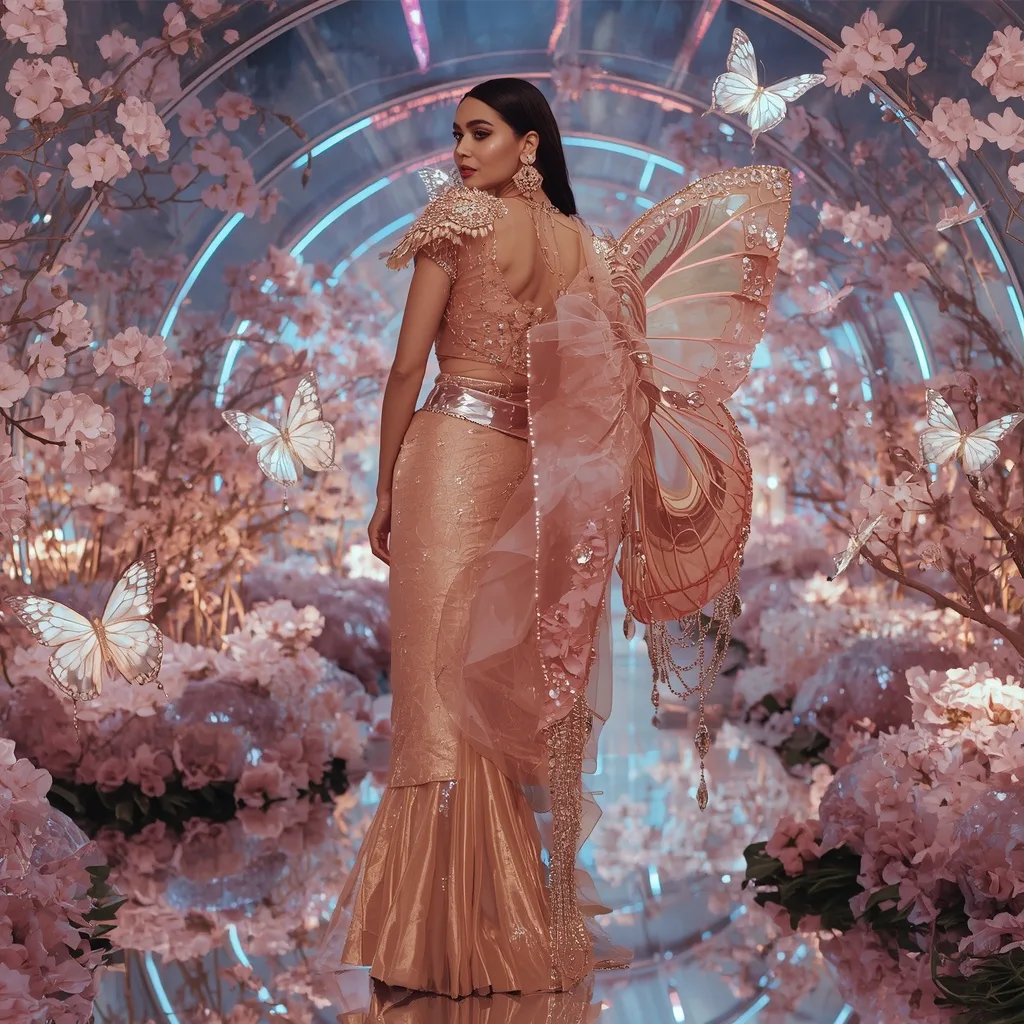 Rose Gold Butterfly Couture Saree with Floating Prism Blossom Garden – AI prompt example