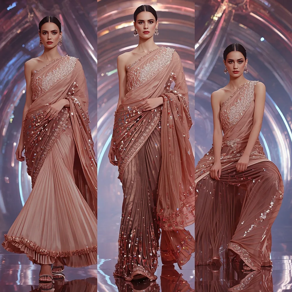 Rose Gold Crystal Mirage Saree with Floating Arc Neon Cathedral – AI prompt example