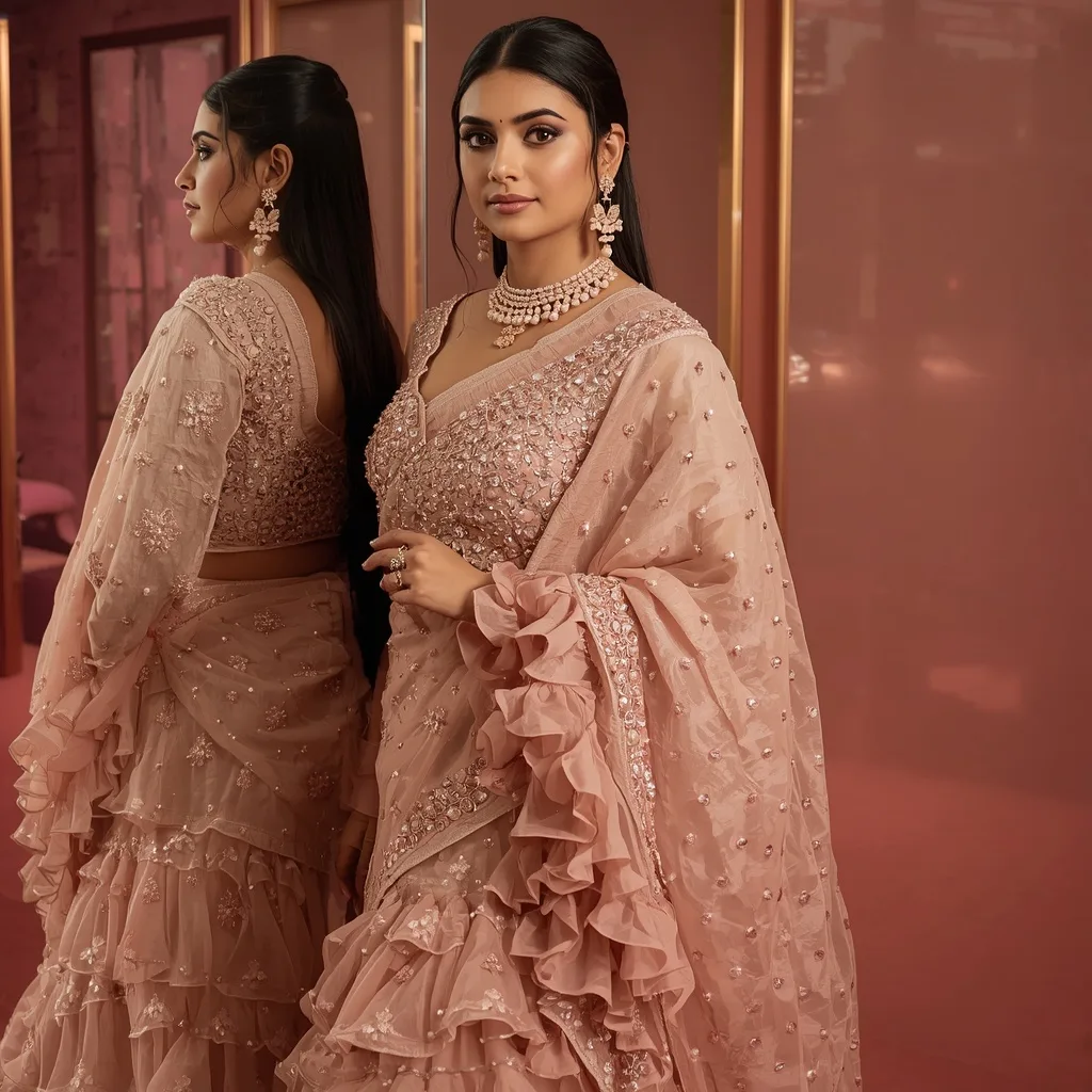 Rosé Gold Mirror Pose in Designer Saree with Blush Crystal Gallery Background – AI prompt example