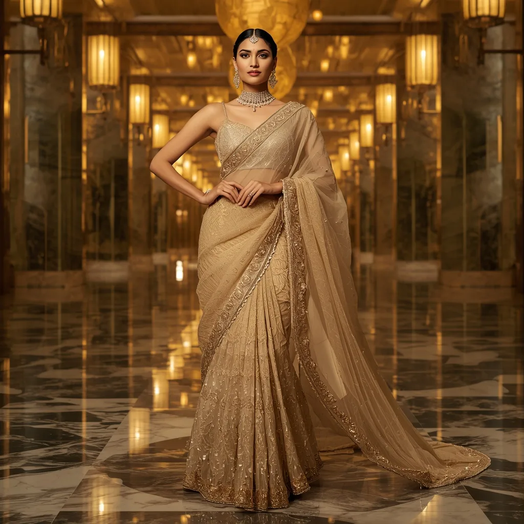 Royal Golden Crystal Saree with Grand Floating Lantern Universe Background – AI prompt example