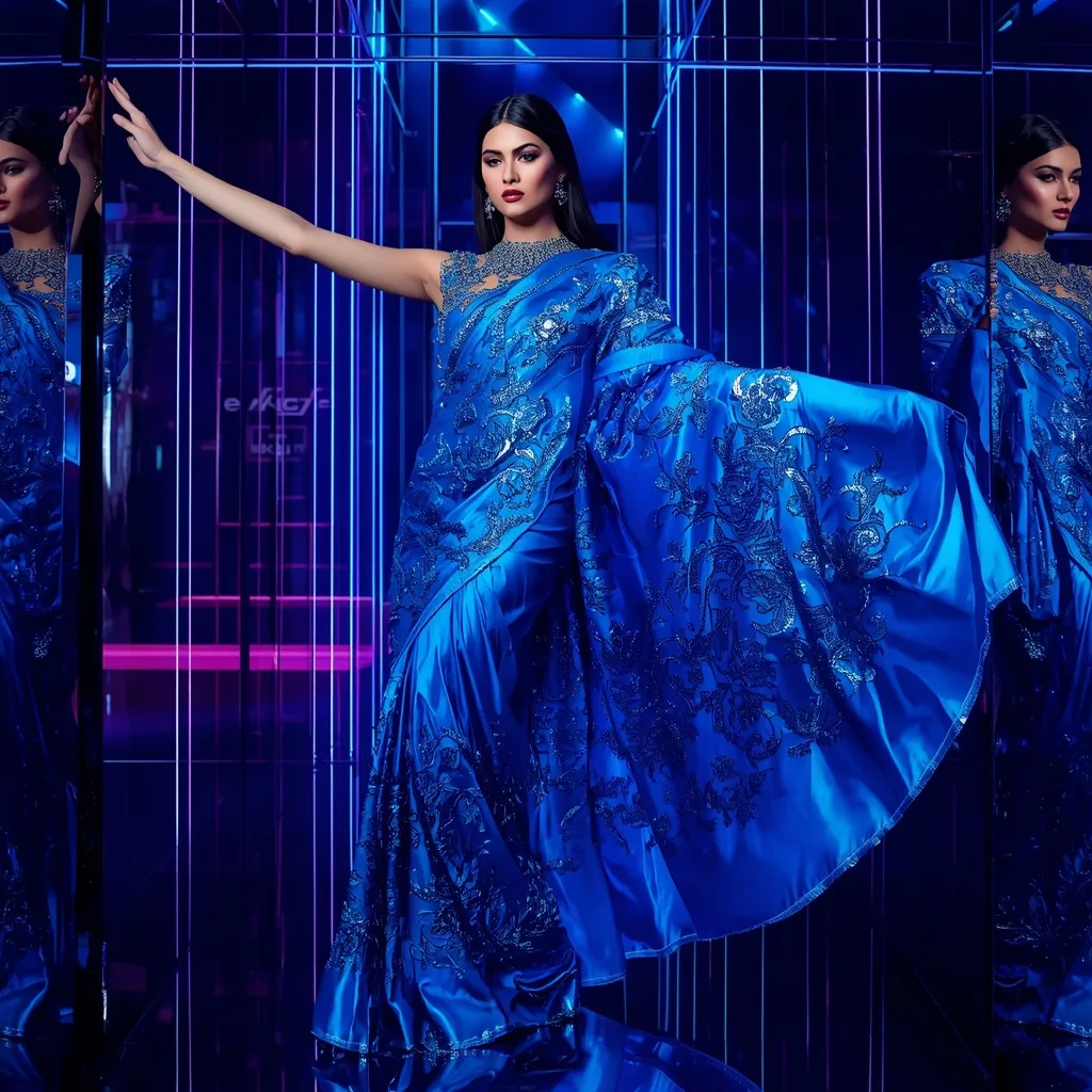 Sapphire Voltage Metallic Saree with Neon Reflection Hall – AI prompt example