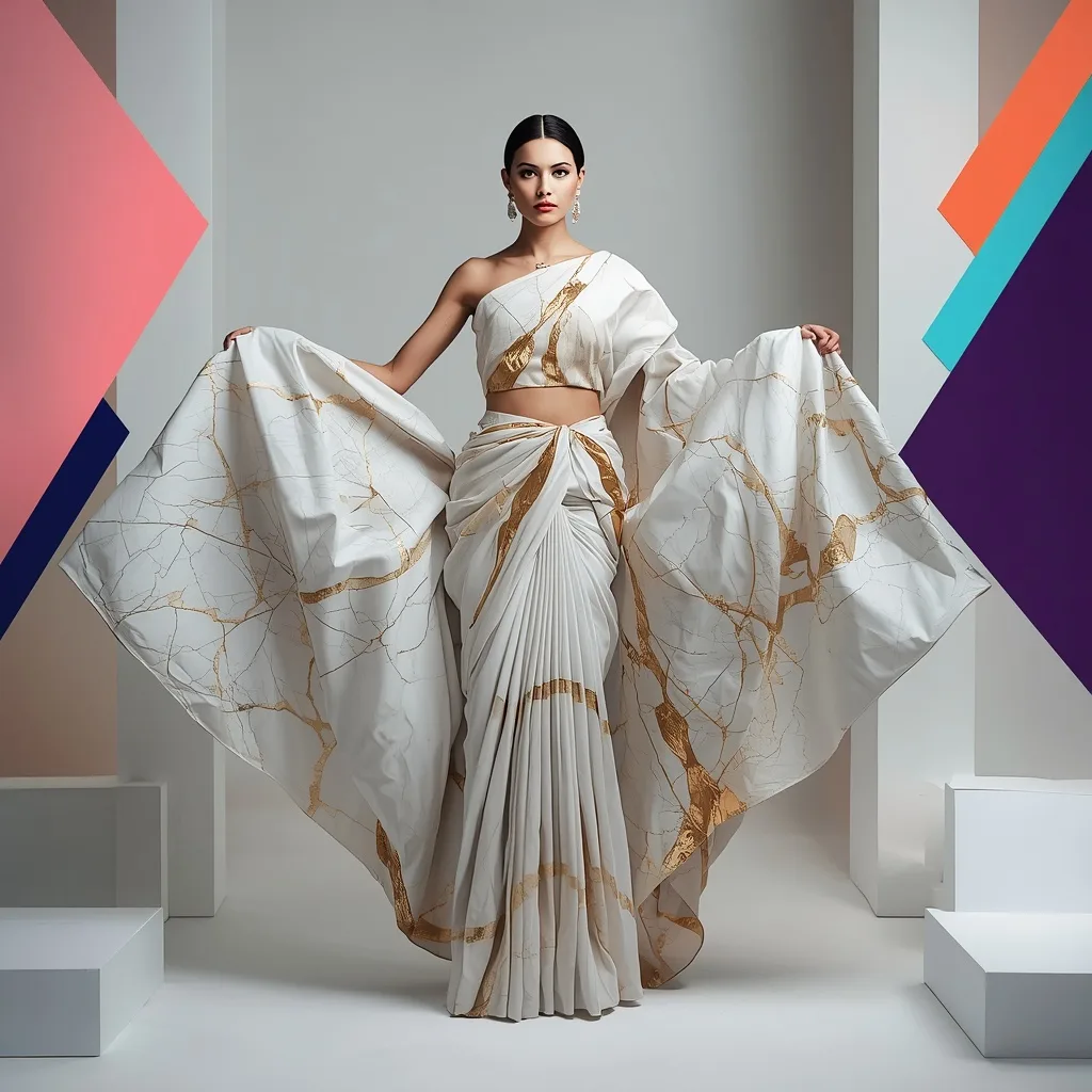 Sculpted Marble Architectural Saree: Gold Vein Elegance – AI prompt example