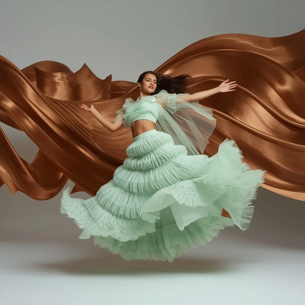 Seafoam Micro-Ruffle Saree – Joyful Lateral Leap Pose with Brushed Copper Parametric Waves – ai image prompts for women golden hour outdoor — business portraits & office backgrounds 2026 — liquid pearl flow saree – AI generated example