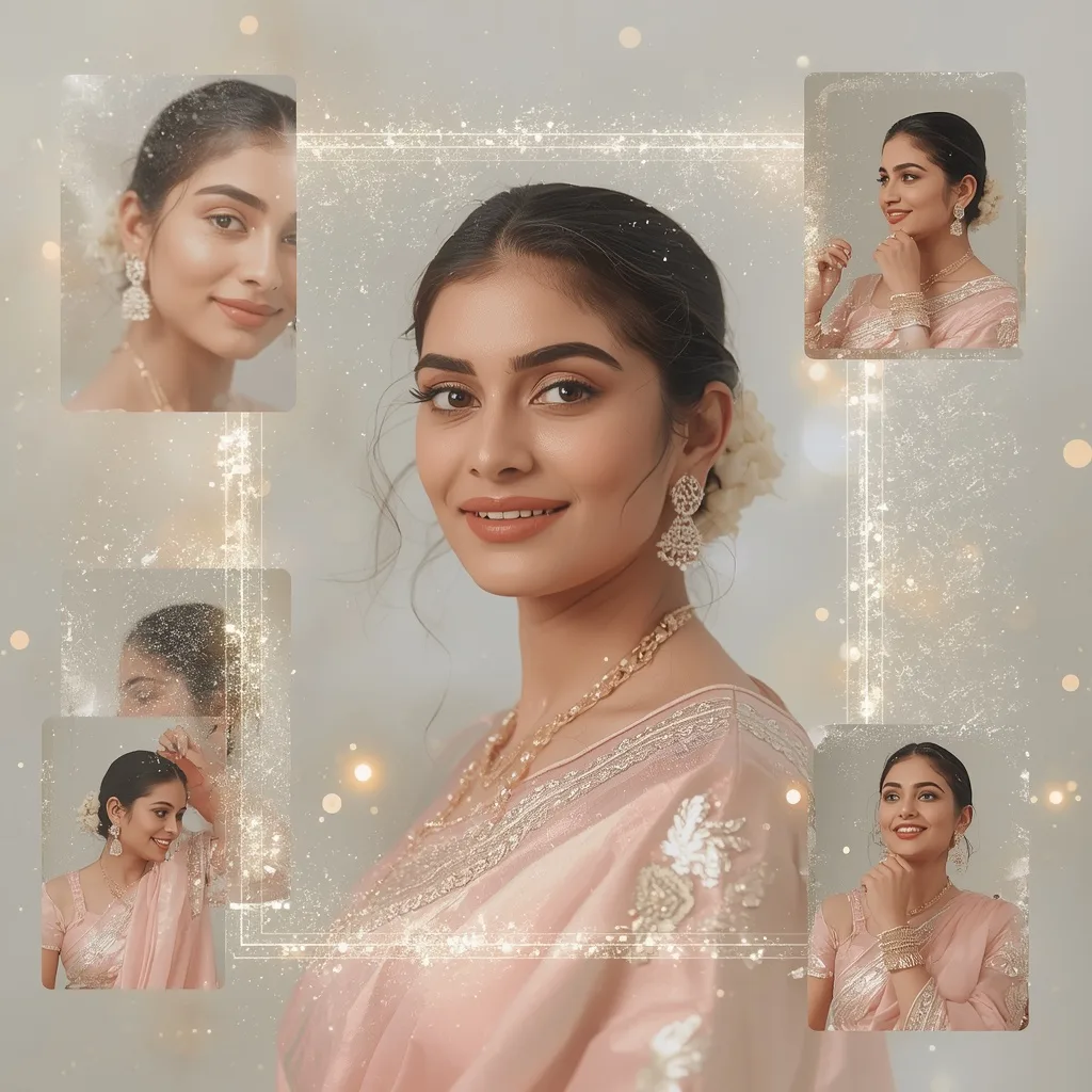 Silver Butterscotch Mist Pastel Saree Indian Woman Collage – AI prompt example