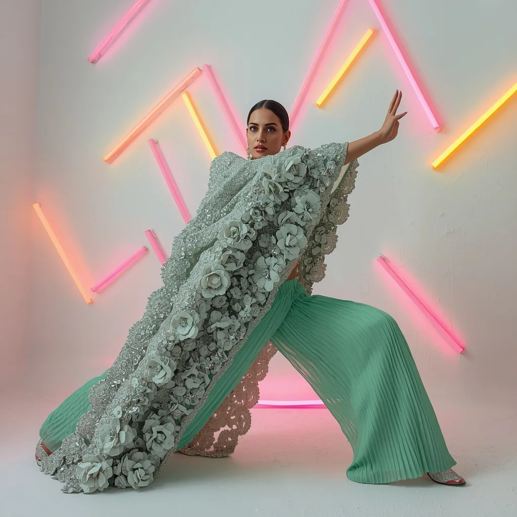 Solid Crushed Diamond & 3D Acrylic Floral Armor Pastel Mint Saree | Dynamic Diagonal Lunge Pose – AI prompt example