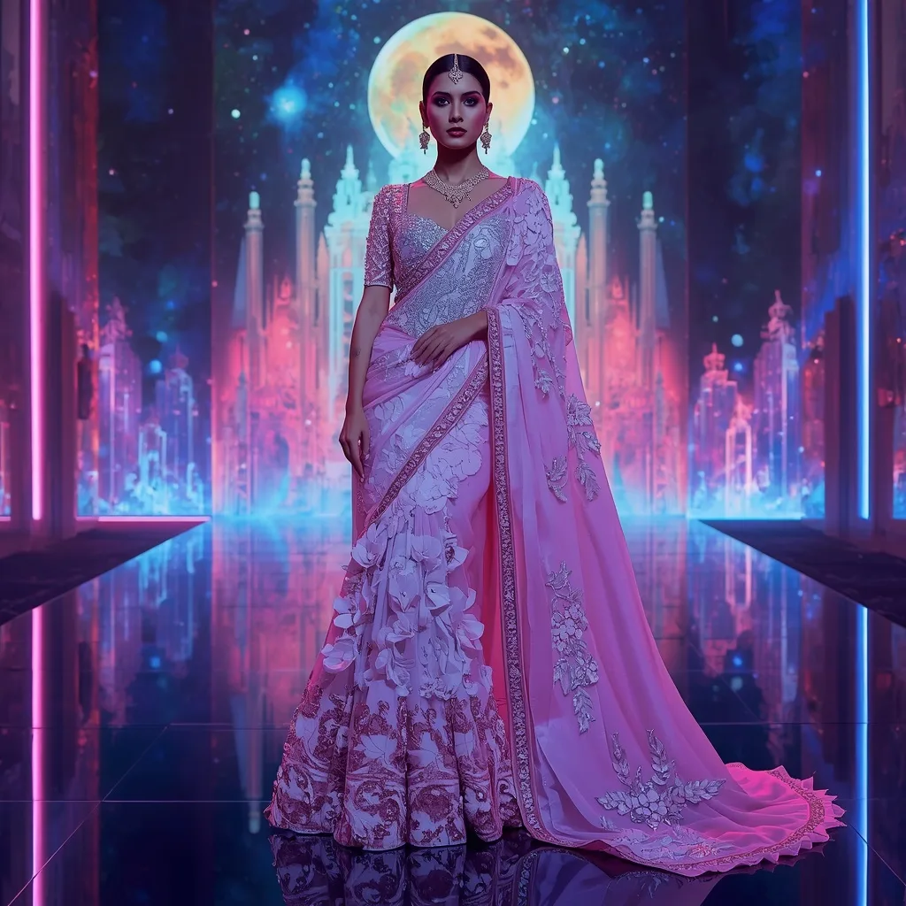 Supreme Cosmic Couture Saree Pose with Ultra Glow Background – AI prompt example