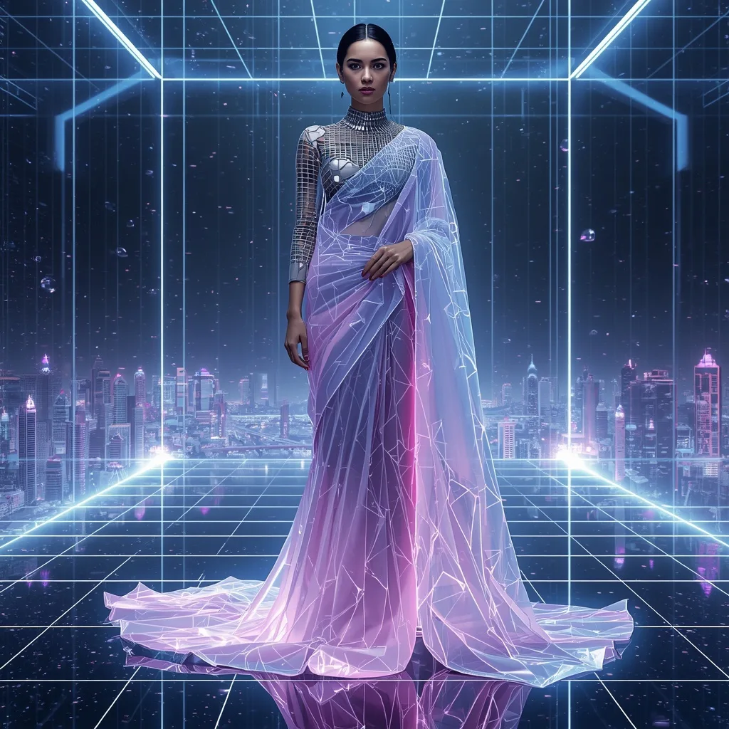 Ultra Luxury Digital Origami Neon Sky Crystal Architecture Saree Couture with Floating Cyber Metacity Grid Background – AI prompt example