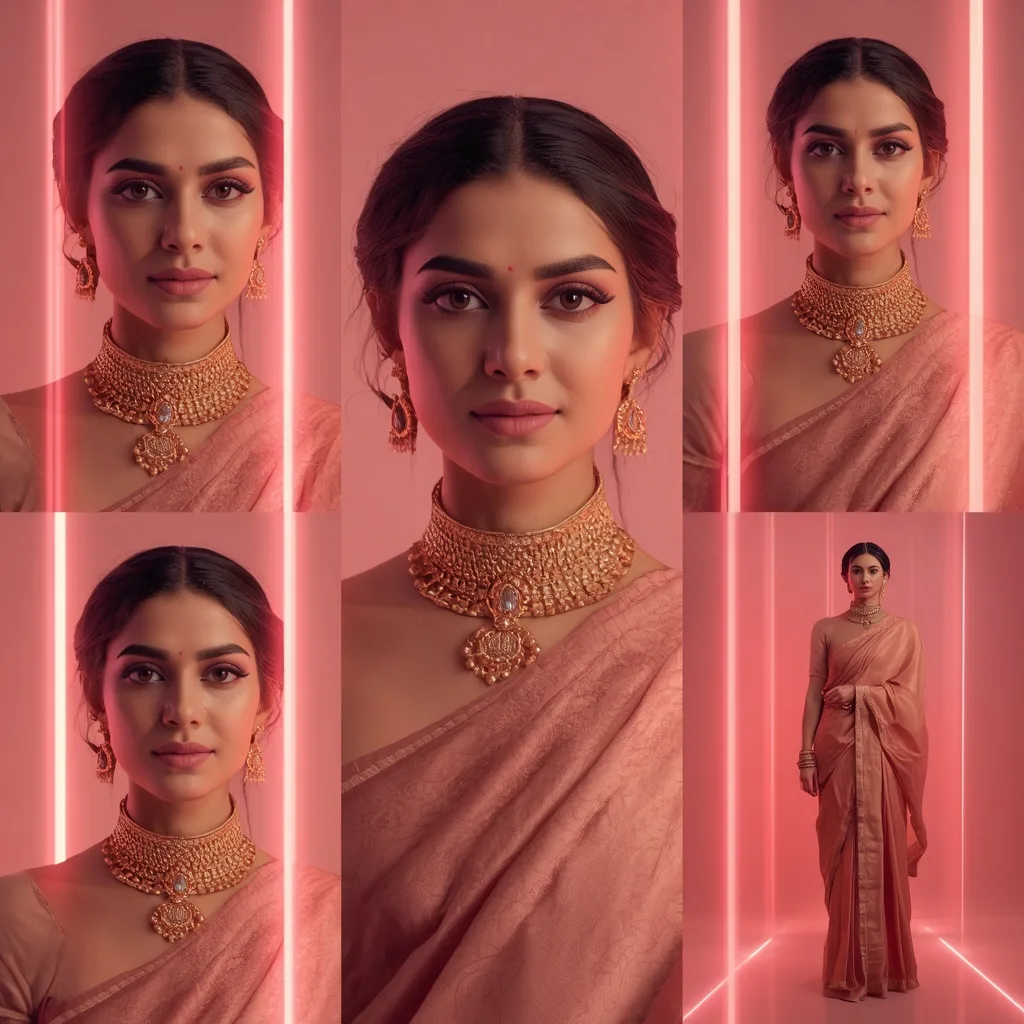 Warm Rose Silk Ember Pastel Saree Indian Woman Premium Collage – AI prompt example