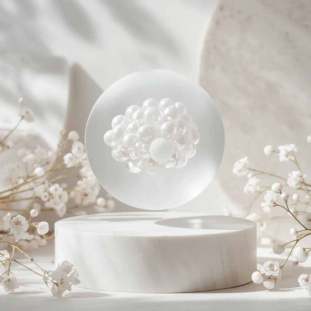 Weightless Pearl Skincare Essence in Floating Frosted Glass Sphere With Bright Airy Botanicals – AI prompt example