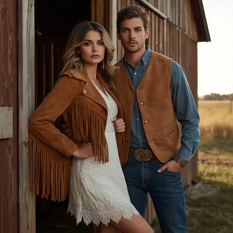 A Glam Western Suede and Denim Editorial of a Couple | High-fashion Portrait Couple
