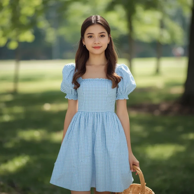 A Sweetheart in a Gingham A-Line Dress with a Basket | Cute Young Woman