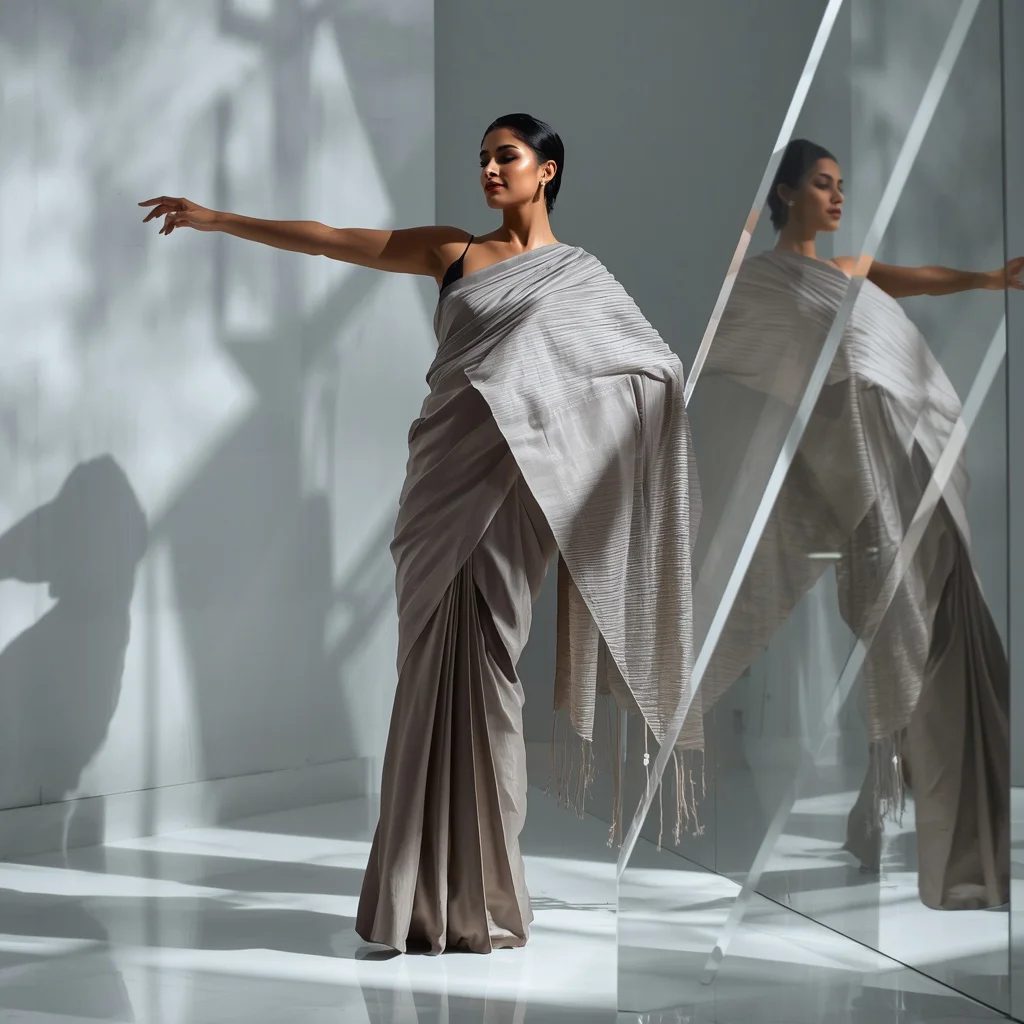 Artistic Fusion: Indian Woman in a Pastel Silk Saree with Geometric Reflections | South Indian Prompt