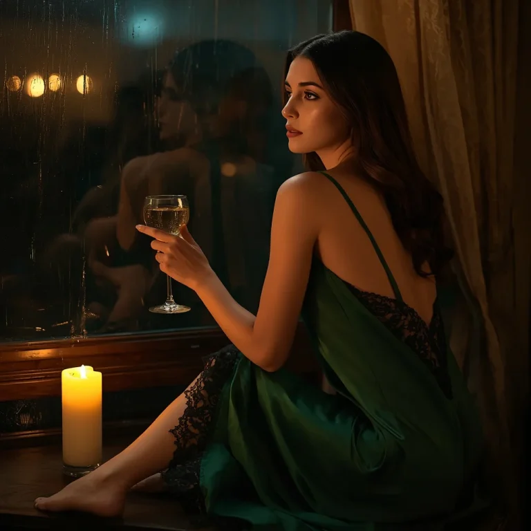 Beautiful Girl in Silk Slip Dress with Lace by Candlelit Window | Girl Luxurious Emerald