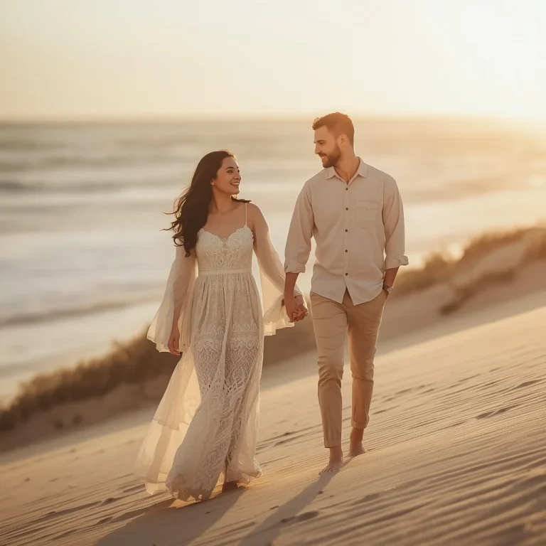 Bohemian Romantic Couple on Golden Hour Beach Dunes | Couple Photo Prompt