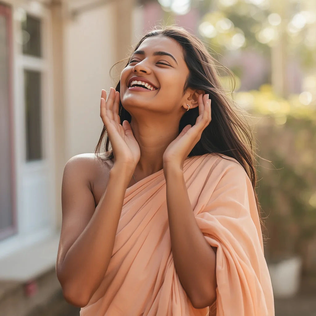 Candid Delight: Indian Woman in a Pastel Crepe Saree with Expressive Laughter | Aesthetic Saree Prompt