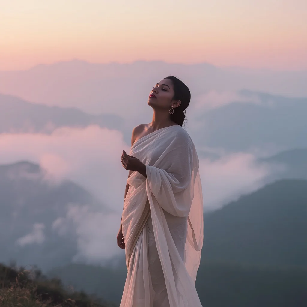 Dreamlike Vista: Indian Woman in a Pastel Chiffon Saree with Misty Background | Saree Woman Prompt