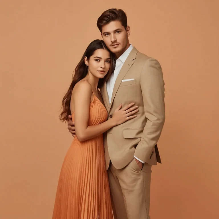 Elegant Romantic Couple In Warm Autumn Tailored Suits | Romantic Couple Against