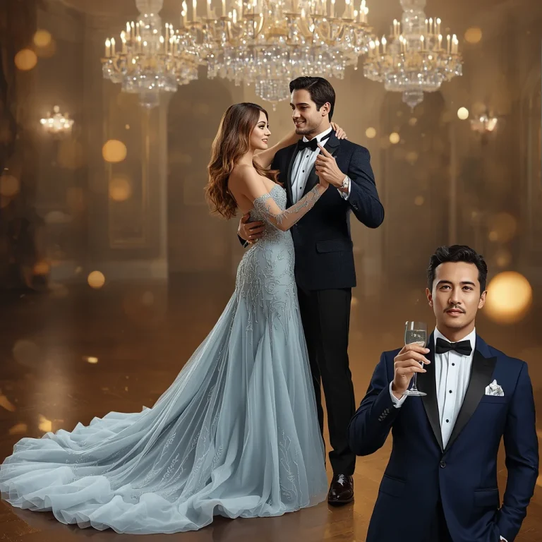Hollywood Glamour Theme Outfit For Luxury Couple In Ballroom Two | Couple Hug Prompt