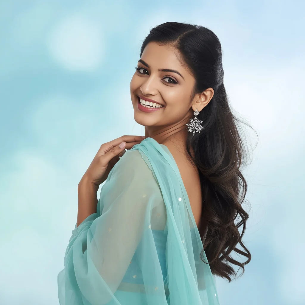 Joyful Expression: Indian Woman in a Pastel Chiffon Saree with Radiant Smile | Indian Saree Prompt