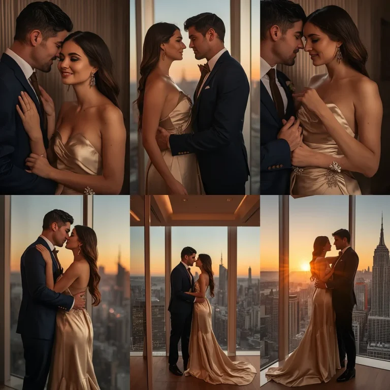 Magnificent Couture Collage of Couple in Golden Hour Penthouse | Romantic Couple Prompts