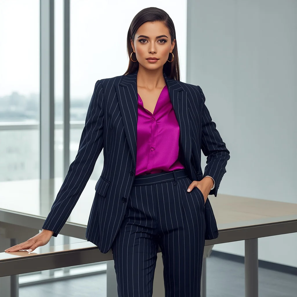 Modern Pinstripe Suit with a Playful Pop of Color | Prompt seen trending girl 2026 Instagram