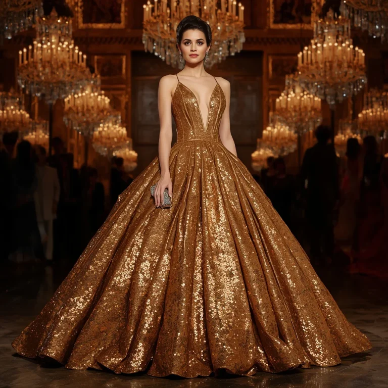 Opulent Gala: Gold Sequin Ball Gown with Plunging Neckline | Prompt for traditional look for girl