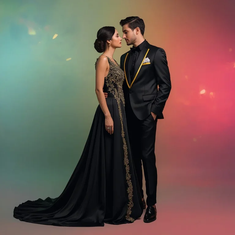 Romantic Couple In Matching Black Silk Glam Outfits | Vertical Romantic Couple