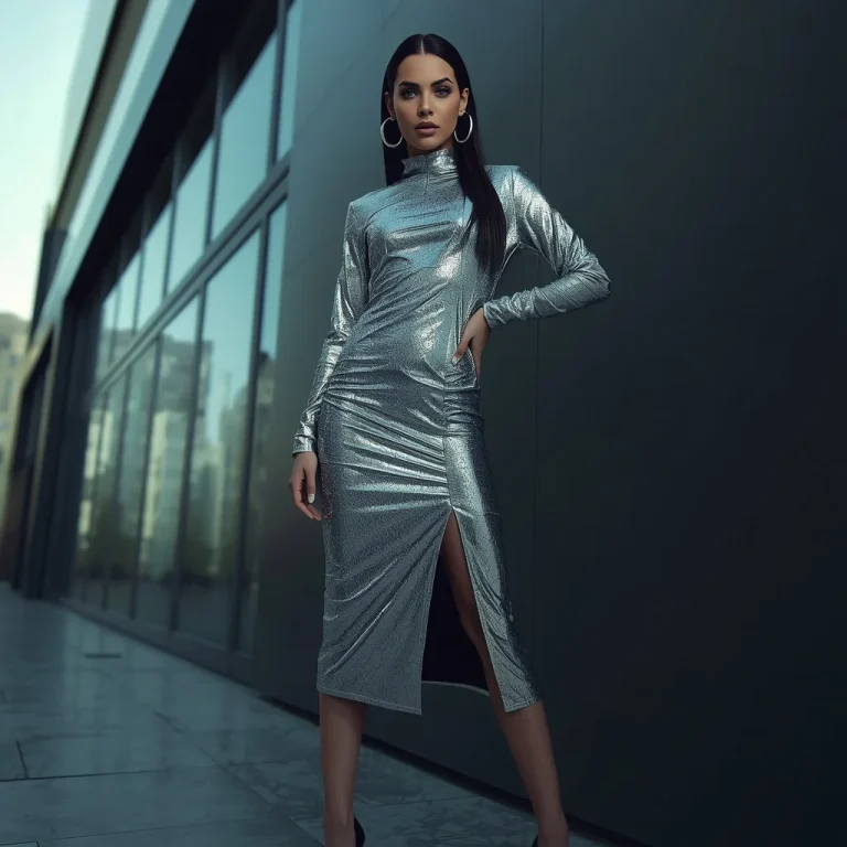 Sleek Silver Metallic Midi Dress for a Fashion Party | youtube thumbnail ai prompt