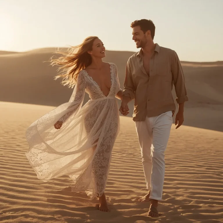 The Golden Desert Oasis of Flowing Linen Gowns | Romantic couple AI prompt copy and paste Instagram