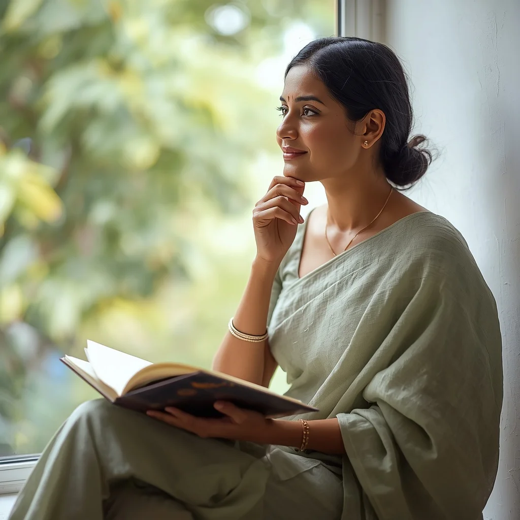 Thoughtful Moment: Indian Woman in a Pastel Linen Saree with a Journal | Trending Indian Prompt